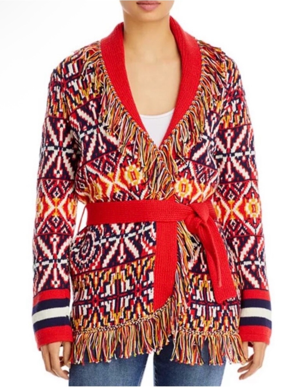 MOTHER NWOT Bass Culture Multicolor Belted Short Fringe Red Cardigan - Large